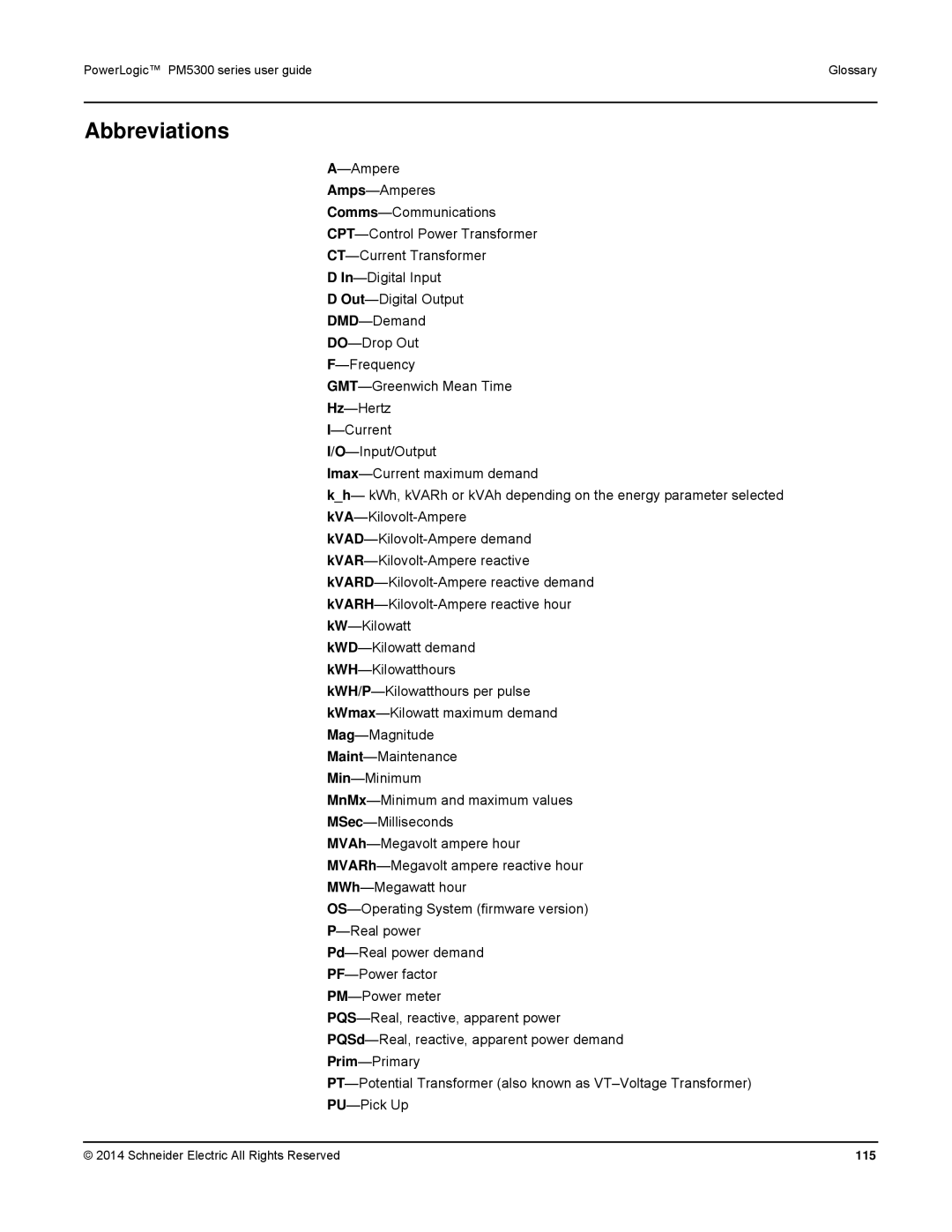 Schneider Electric PM5300 manual Abbreviations, 115 