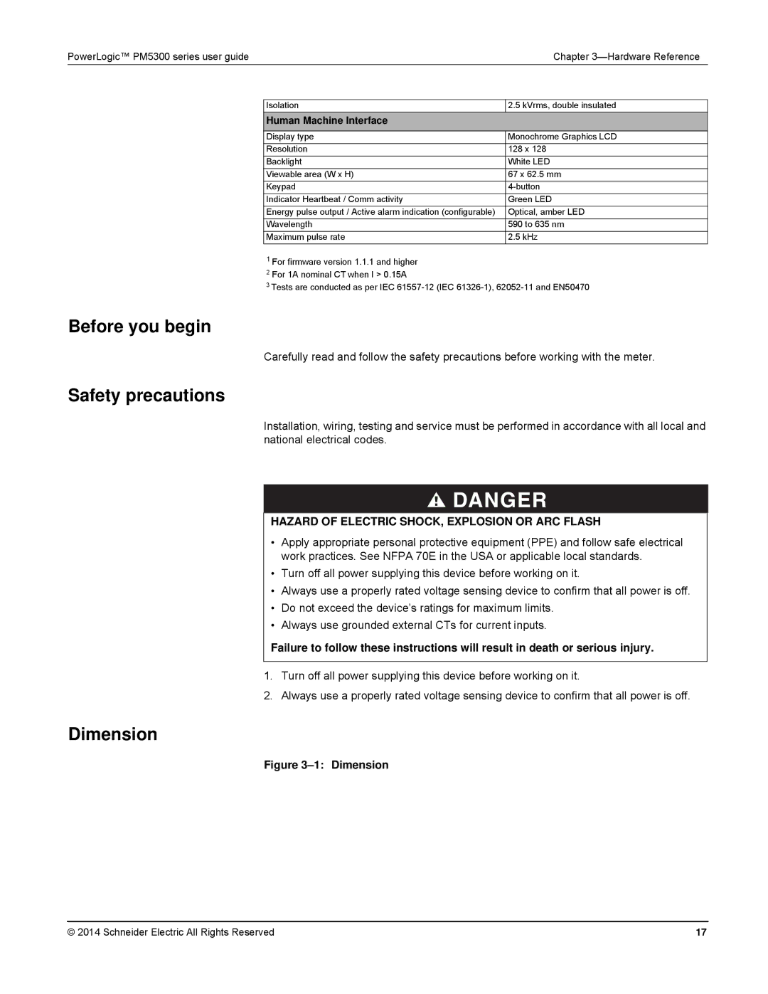 Schneider Electric PM5300 manual Safety precautions, Dimension, Human Machine Interface 