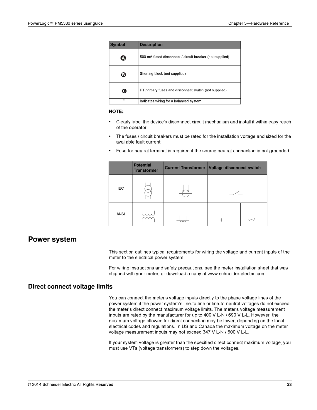 Schneider Electric PM5300 manual Power system, Direct connect voltage limits, Symbol Description 