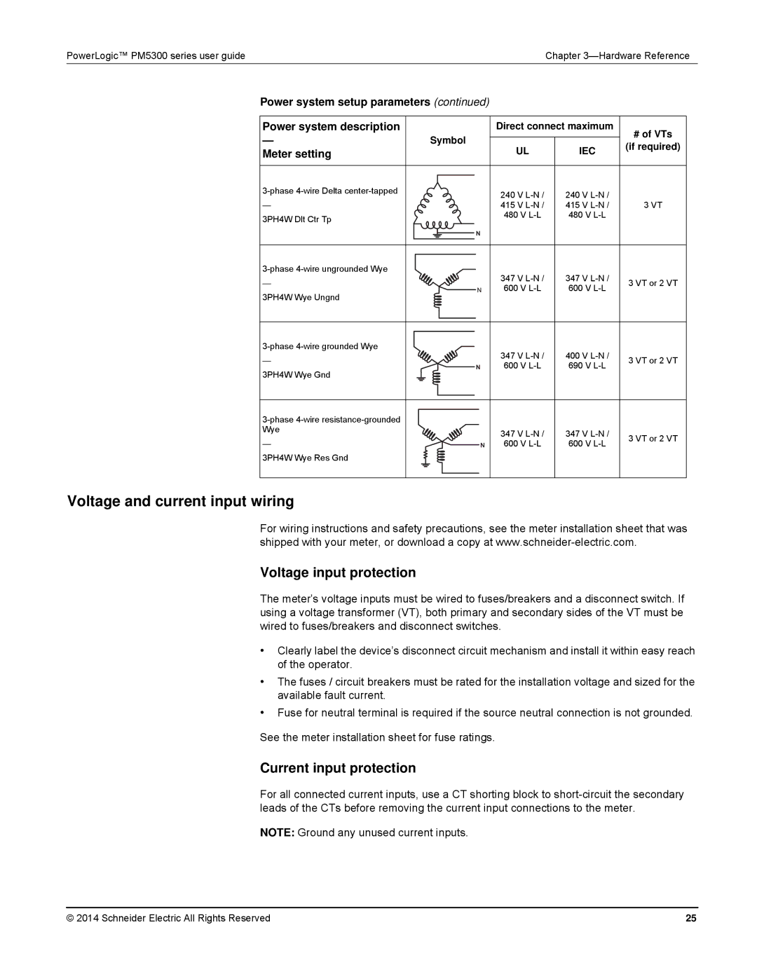 Schneider Electric PM5300 manual Voltage and current input wiring, Voltage input protection, Current input protection 