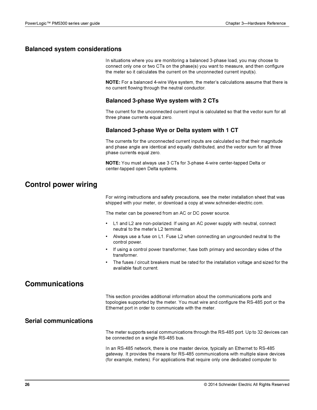 Schneider Electric PM5300 Control power wiring, Communications, Balanced system considerations, Serial communications 