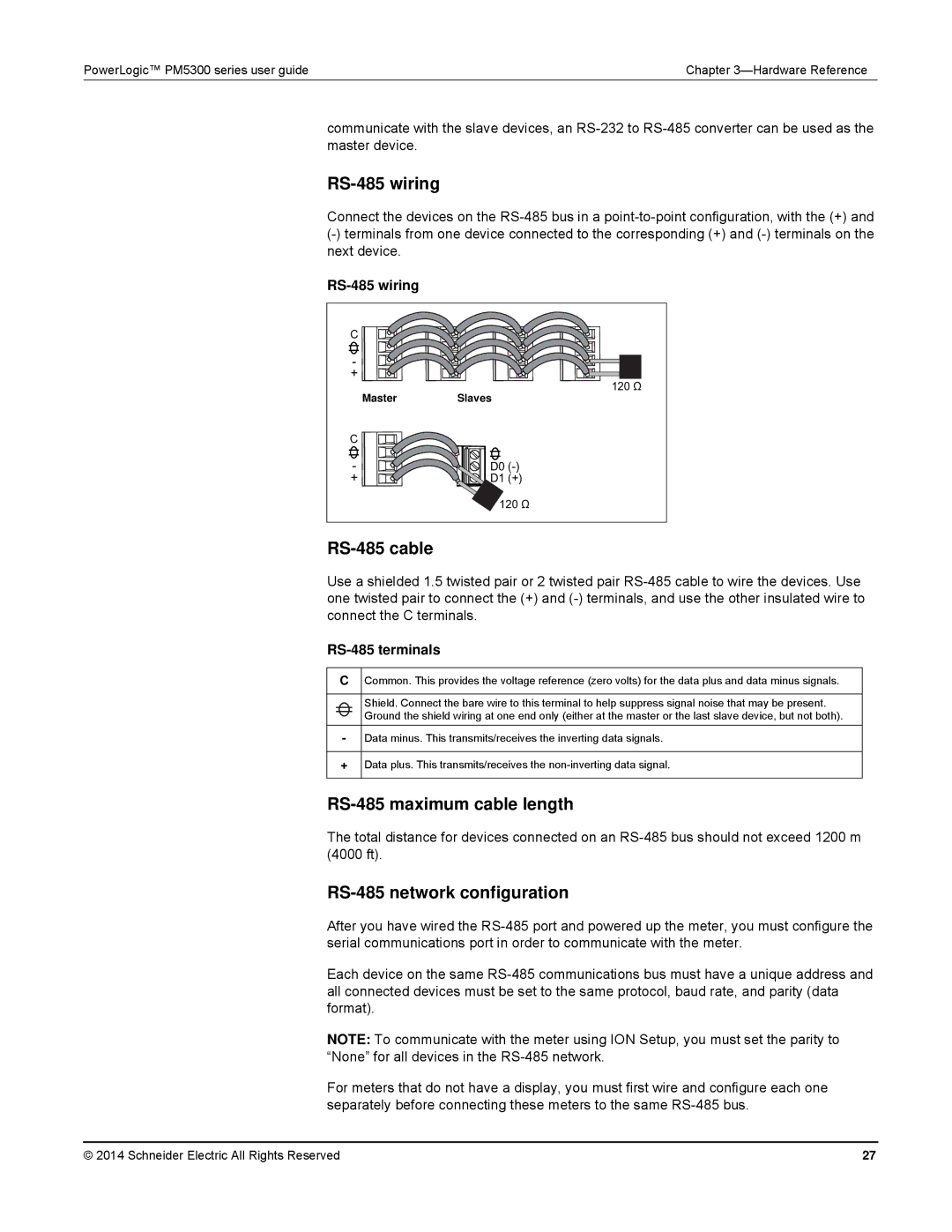 Schneider Electric PM5300 manual RS-485 wiring, RS-485 cable, RS-485 maximum cable length, RS-485 network configuration 