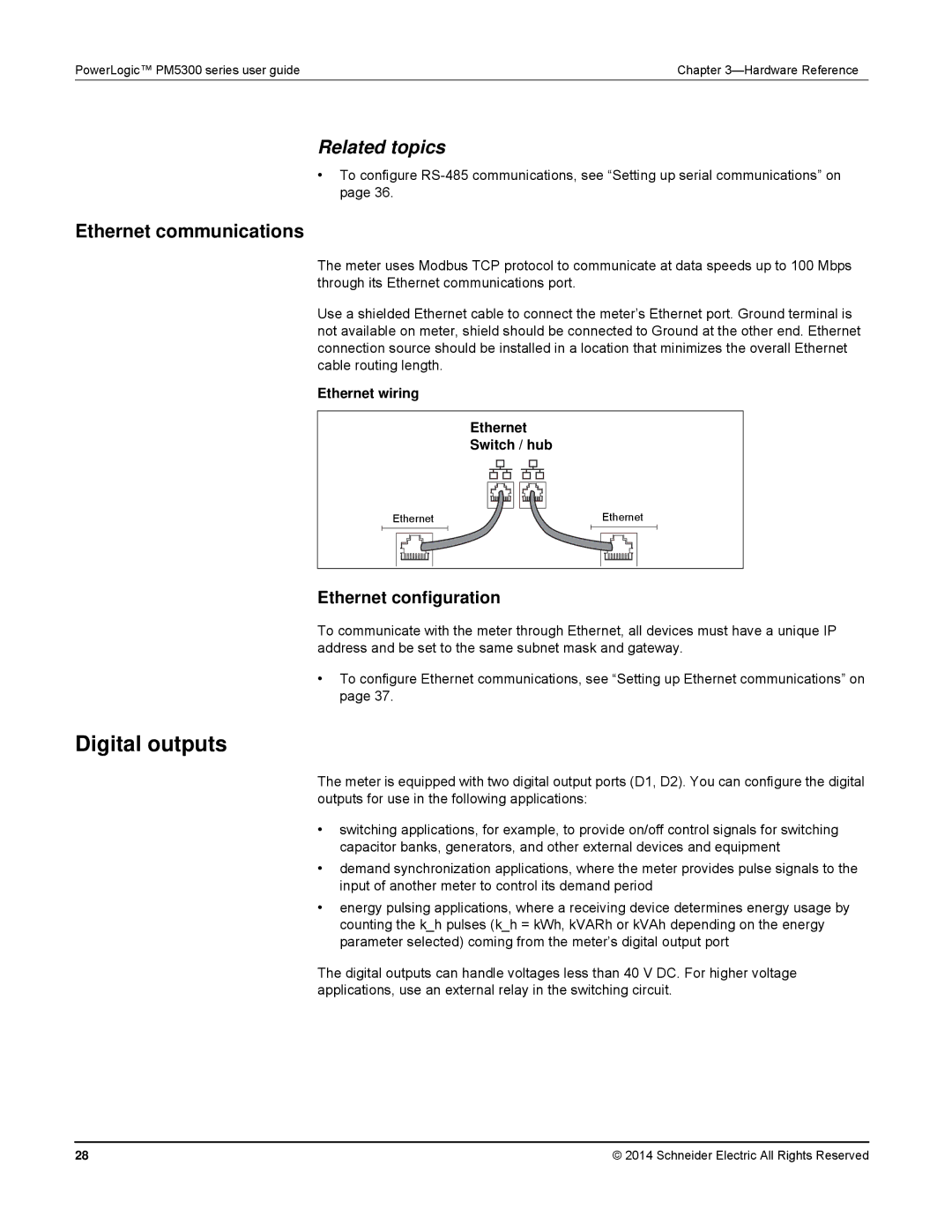 Schneider Electric PM5300 manual Digital outputs, Ethernet communications, Ethernet configuration 