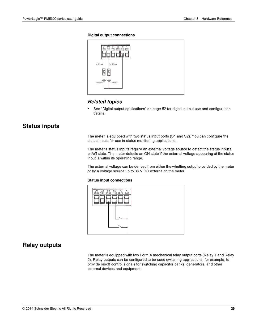 Schneider Electric PM5300 manual Status inputs, Relay outputs, Digital output connections, Status input connections 