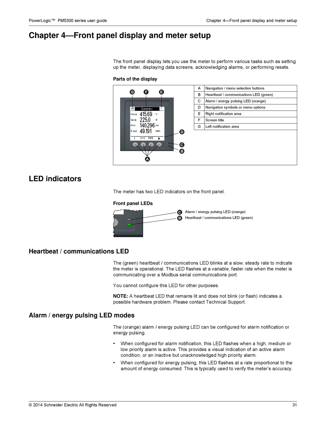 Schneider Electric PM5300 manual Front panel display and meter setup, LED indicators, Heartbeat / communications LED 