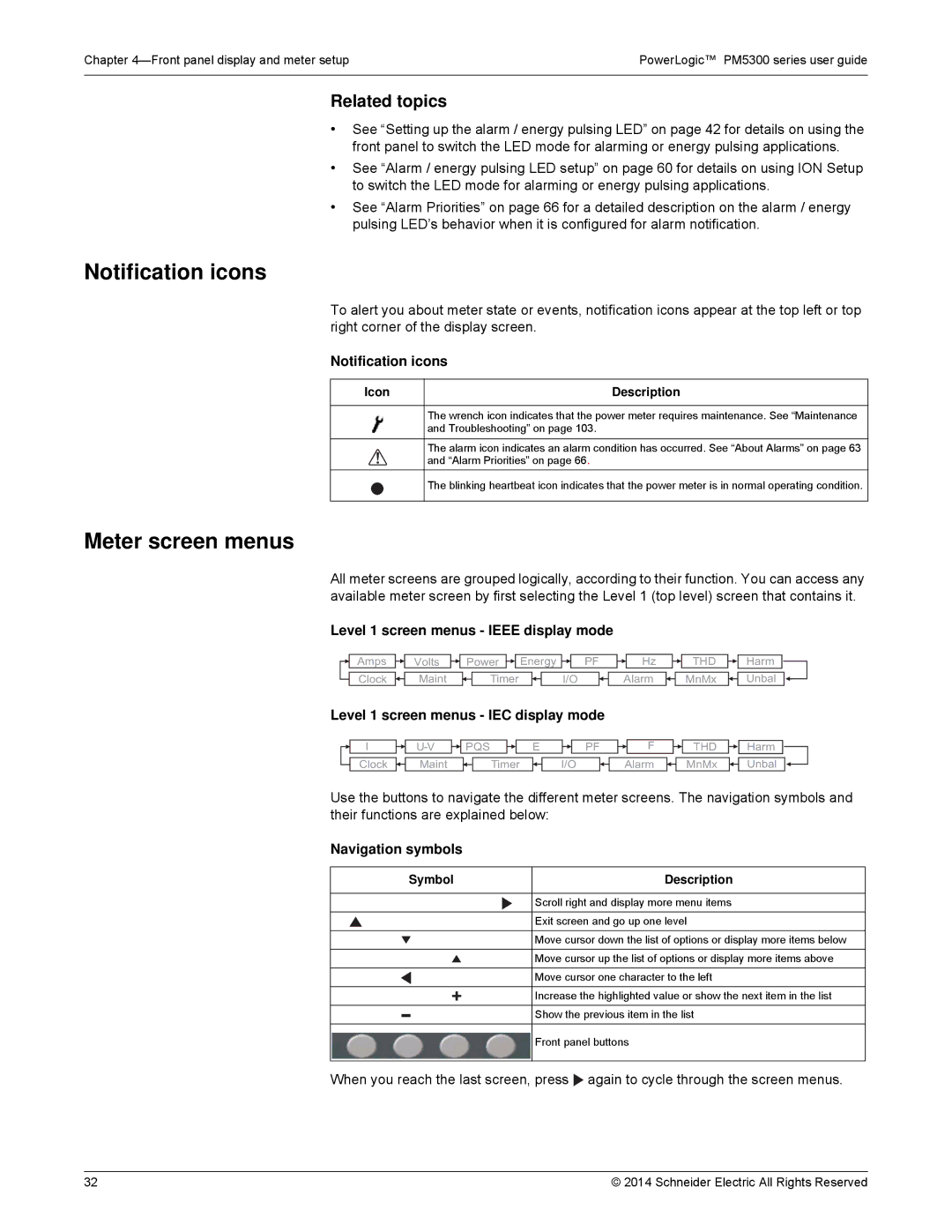 Schneider Electric PM5300 manual Notification icons, Meter screen menus, Related topics 