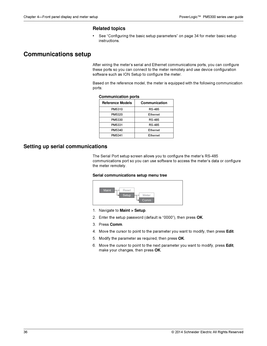 Schneider Electric PM5300 manual Communications setup, Setting up serial communications, Communication ports 