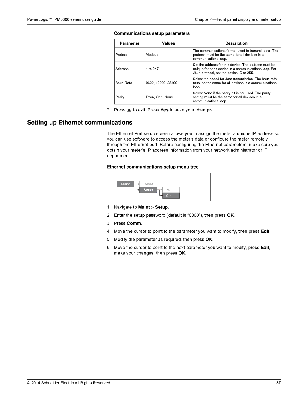 Schneider Electric PM5300 manual Setting up Ethernet communications, Communications setup parameters 