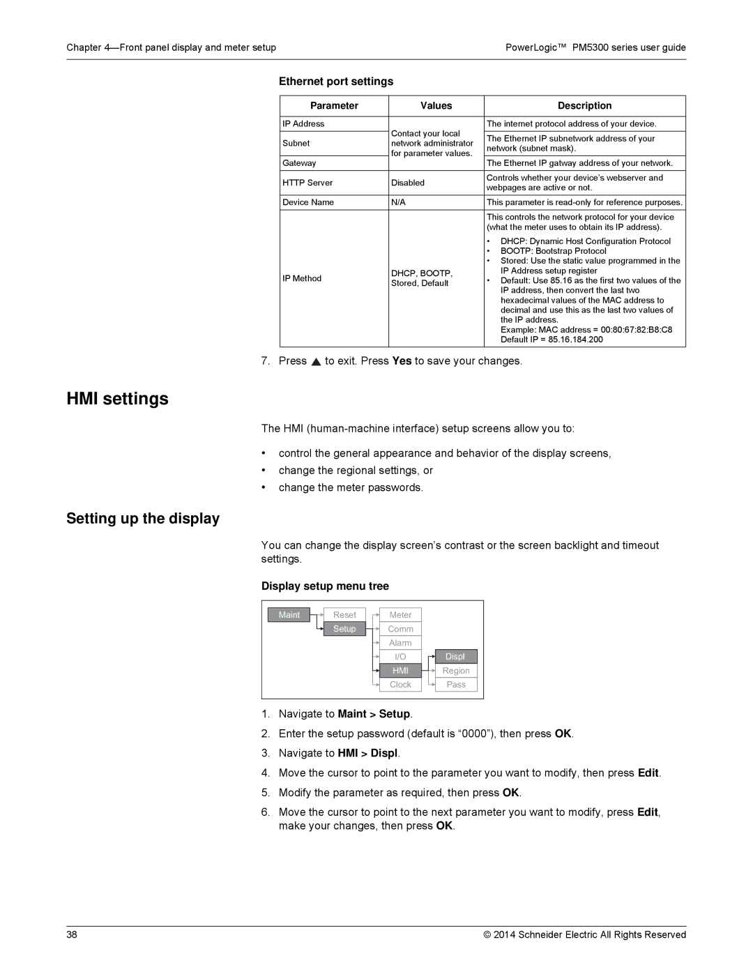 Schneider Electric PM5300 manual HMI settings, Setting up the display, Ethernet port settings, Display setup menu tree 