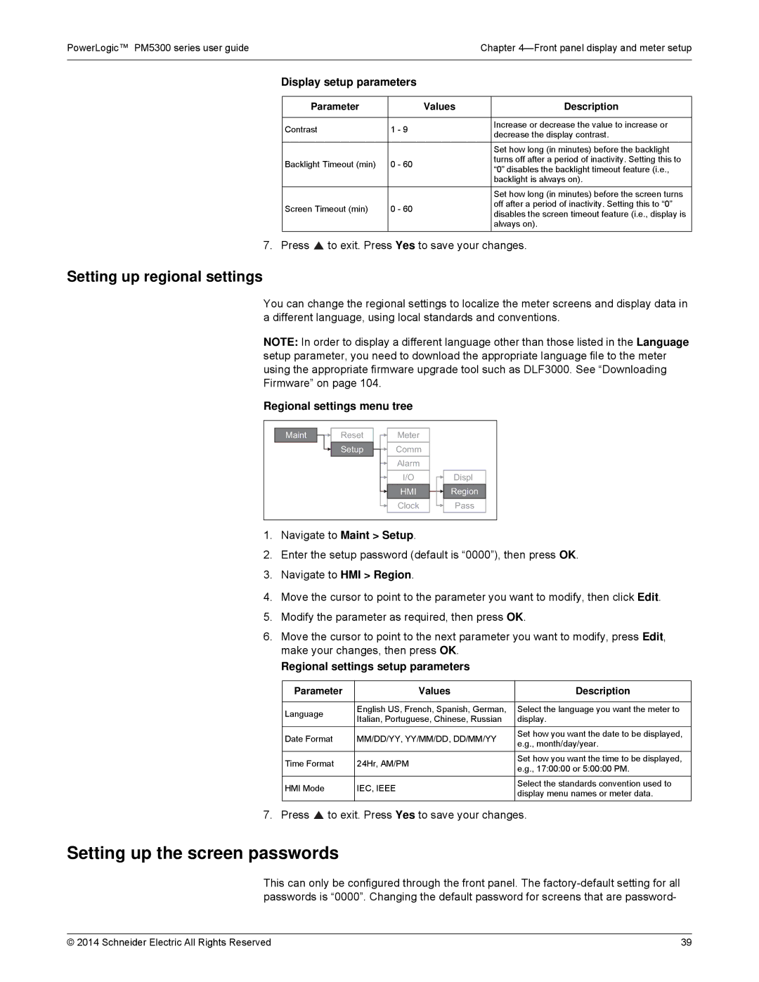 Schneider Electric PM5300 manual Setting up the screen passwords, Setting up regional settings, Display setup parameters 