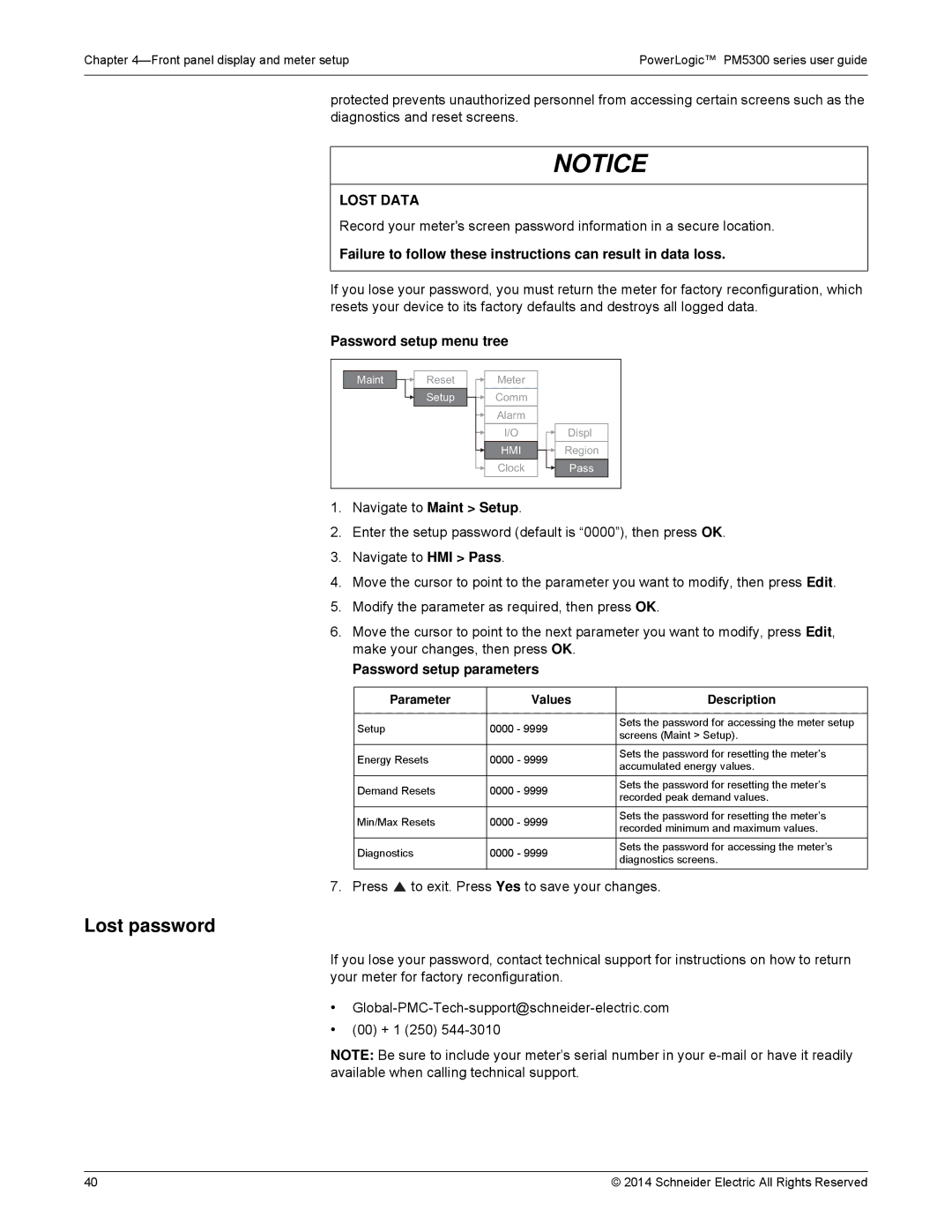 Schneider Electric PM5300 manual Lost password, Password setup menu tree, Password setup parameters 