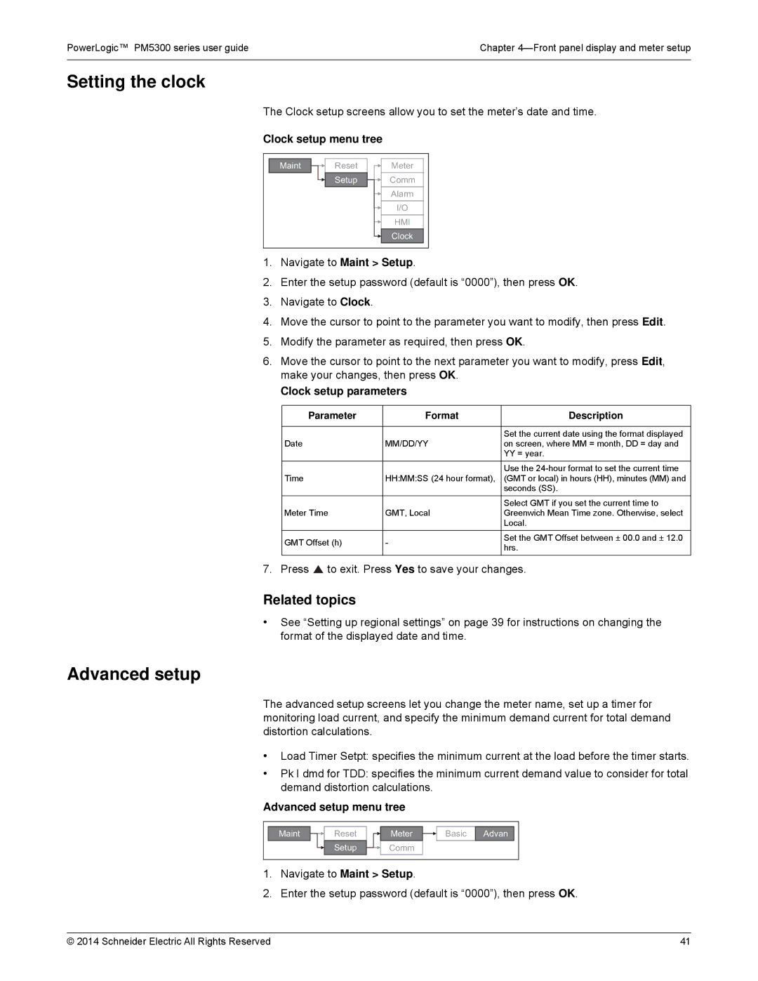 Schneider Electric PM5300 manual Setting the clock Advanced setup, Clock setup menu tree, Clock setup parameters 