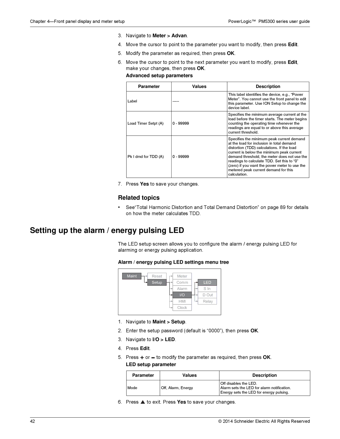 Schneider Electric PM5300 manual Setting up the alarm / energy pulsing LED, Advanced setup parameters, LED setup parameter 