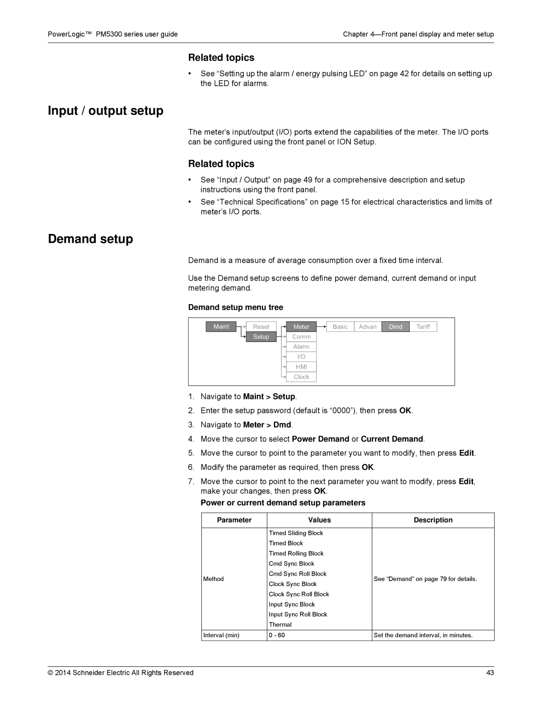 Schneider Electric PM5300 manual Input / output setup Demand setup, Demand setup menu tree 