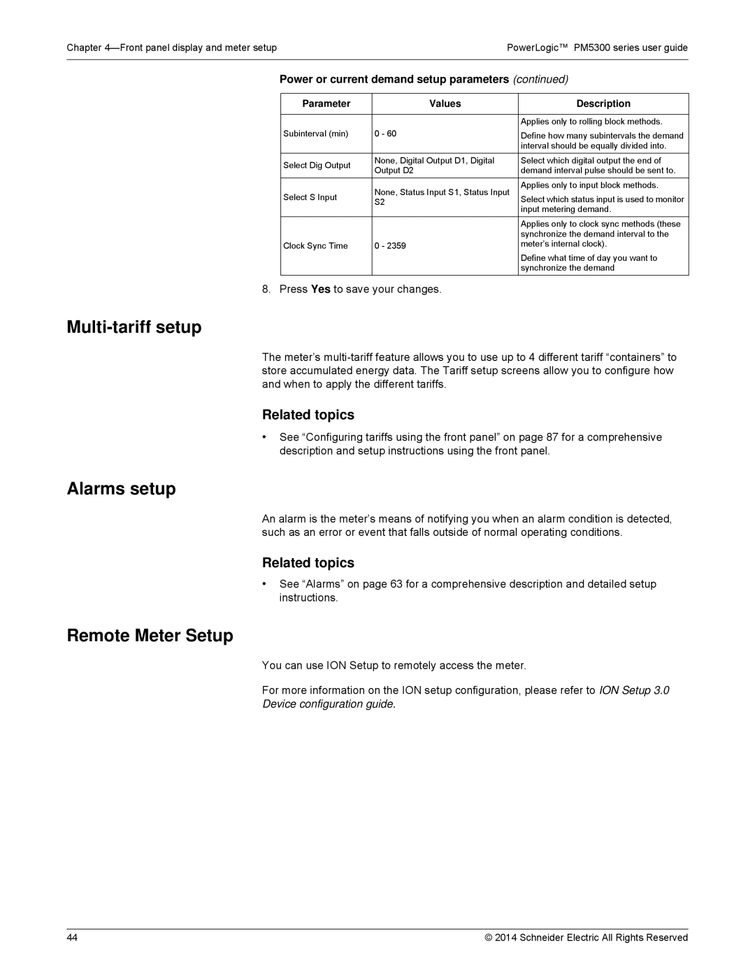 Schneider Electric PM5300 manual Multi-tariff setup, Alarms setup, Remote Meter Setup 