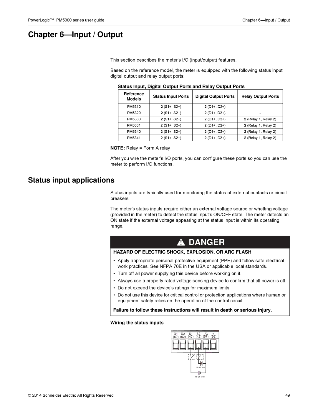 Schneider Electric PM5300 manual Input / Output, Status input applications 