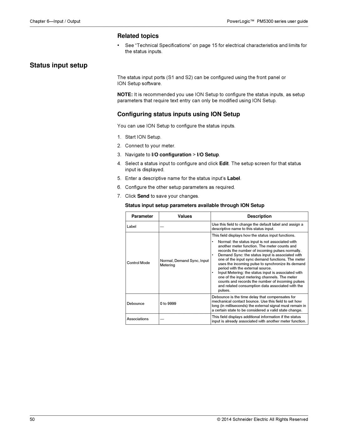 Schneider Electric PM5300 manual Status input setup, Configuring status inputs using ION Setup 