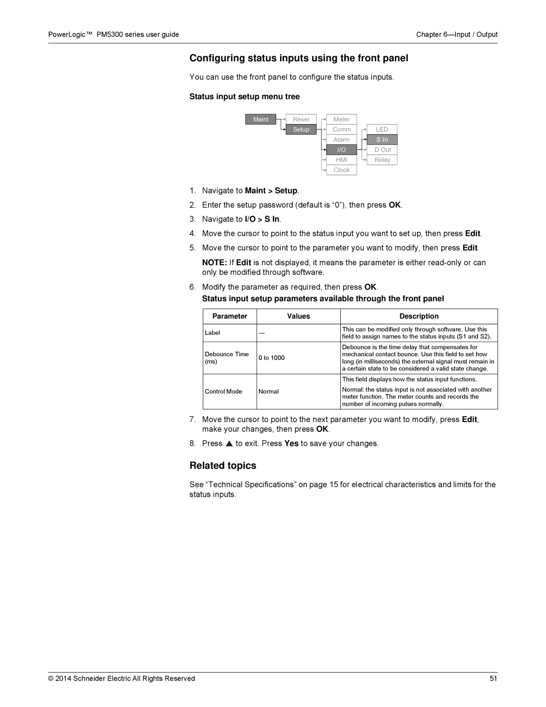 Schneider Electric PM5300 manual Configuring status inputs using the front panel, Status input setup menu tree 