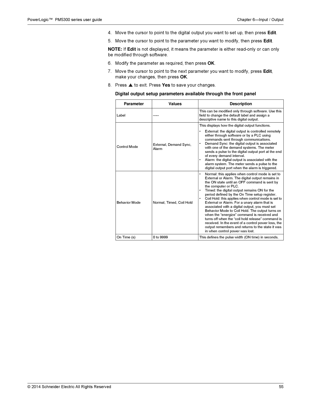 Schneider Electric PM5300 manual On Time s This defines the pulse width on time in seconds 