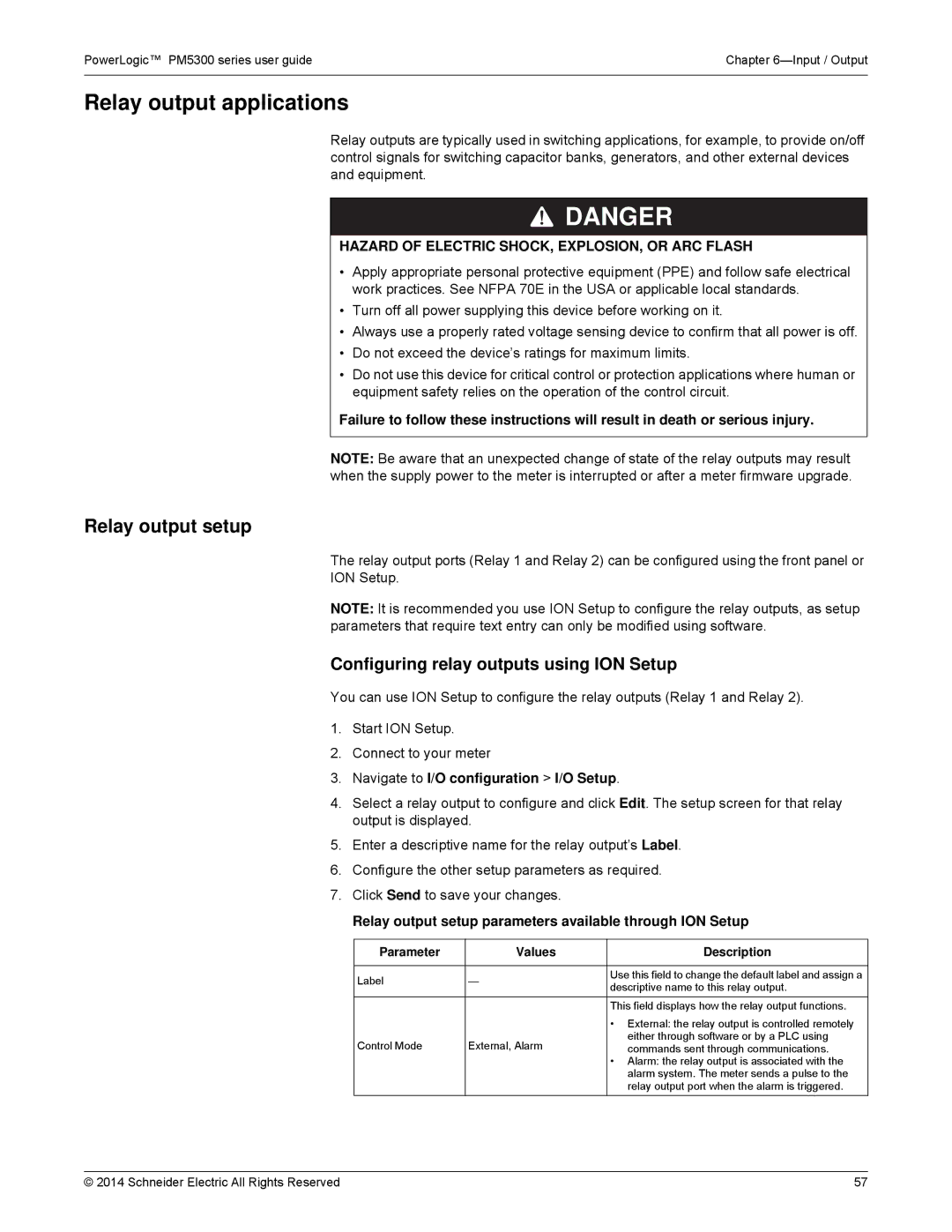 Schneider Electric PM5300 manual Relay output applications, Relay output setup, Configuring relay outputs using ION Setup 