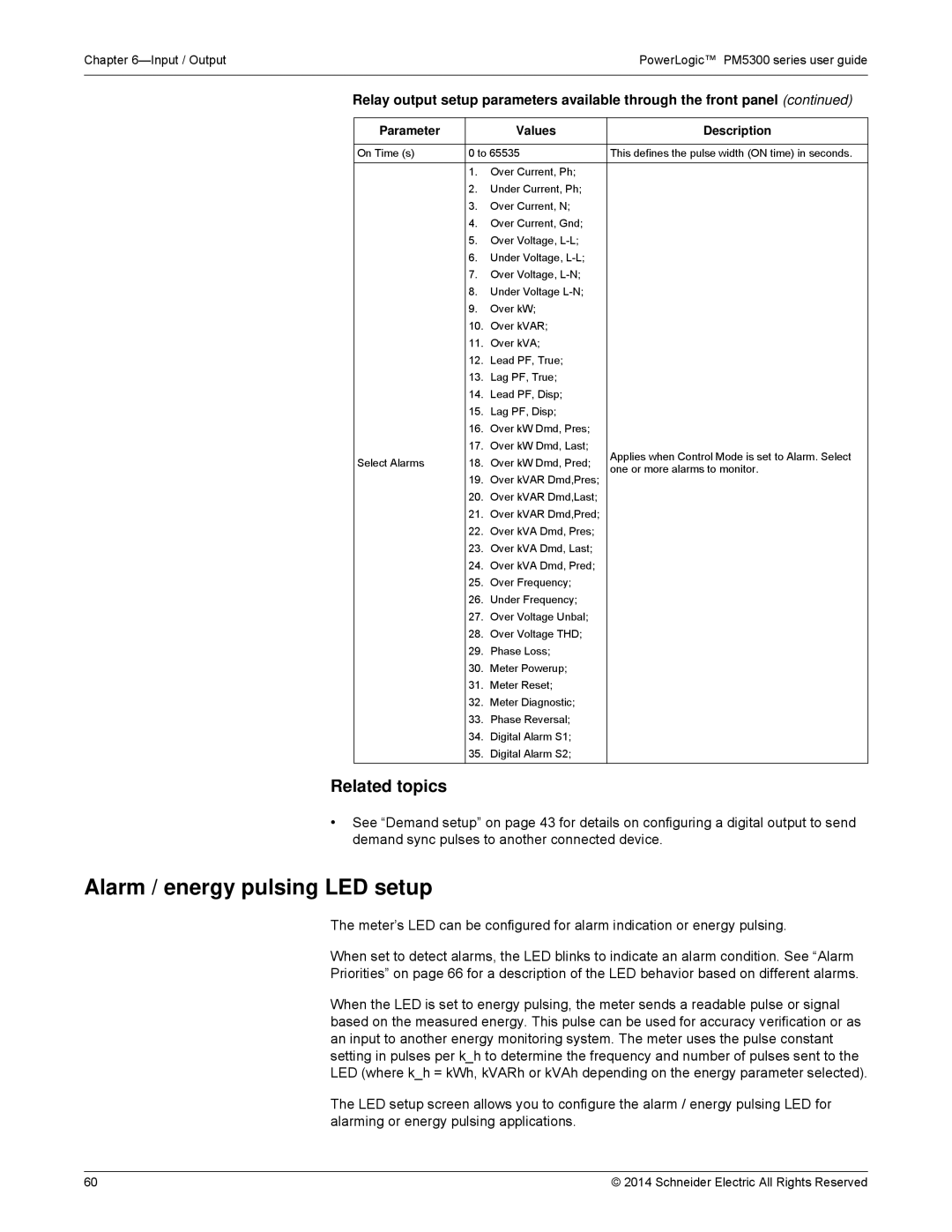 Schneider Electric PM5300 manual Alarm / energy pulsing LED setup, Related topics 