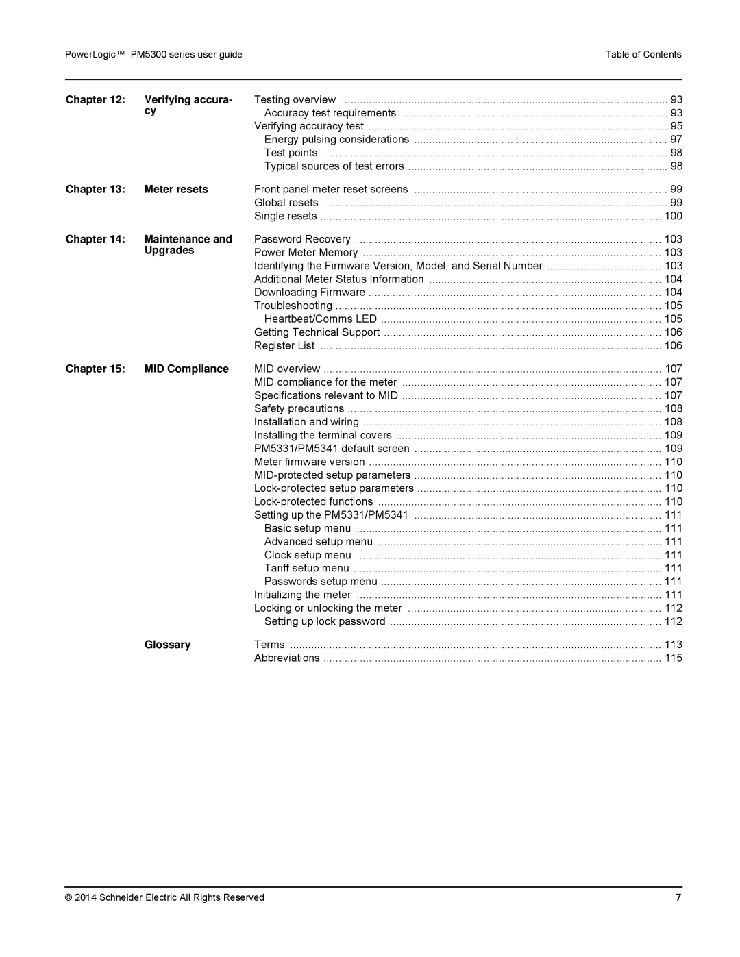 Schneider Electric PM5300 manual Chapter Verifying accura, Chapter Meter resets, Chapter Maintenance, Upgrades, Glossary 