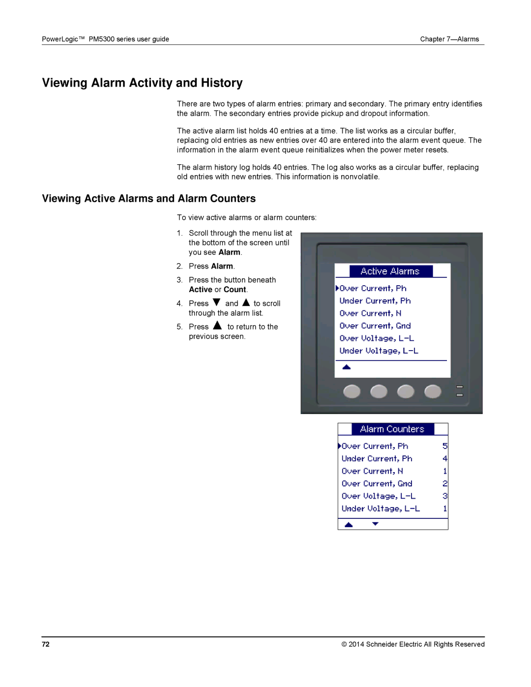 Schneider Electric PM5300 manual Viewing Alarm Activity and History, Viewing Active Alarms and Alarm Counters 