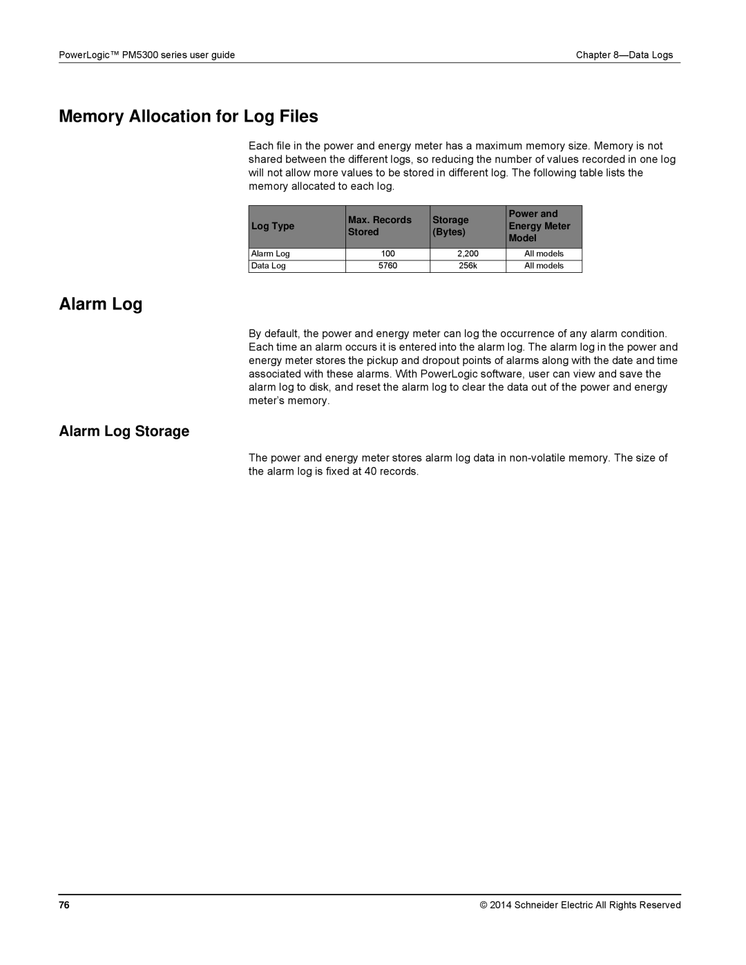 Schneider Electric PM5300 manual Memory Allocation for Log Files, Alarm Log Storage 