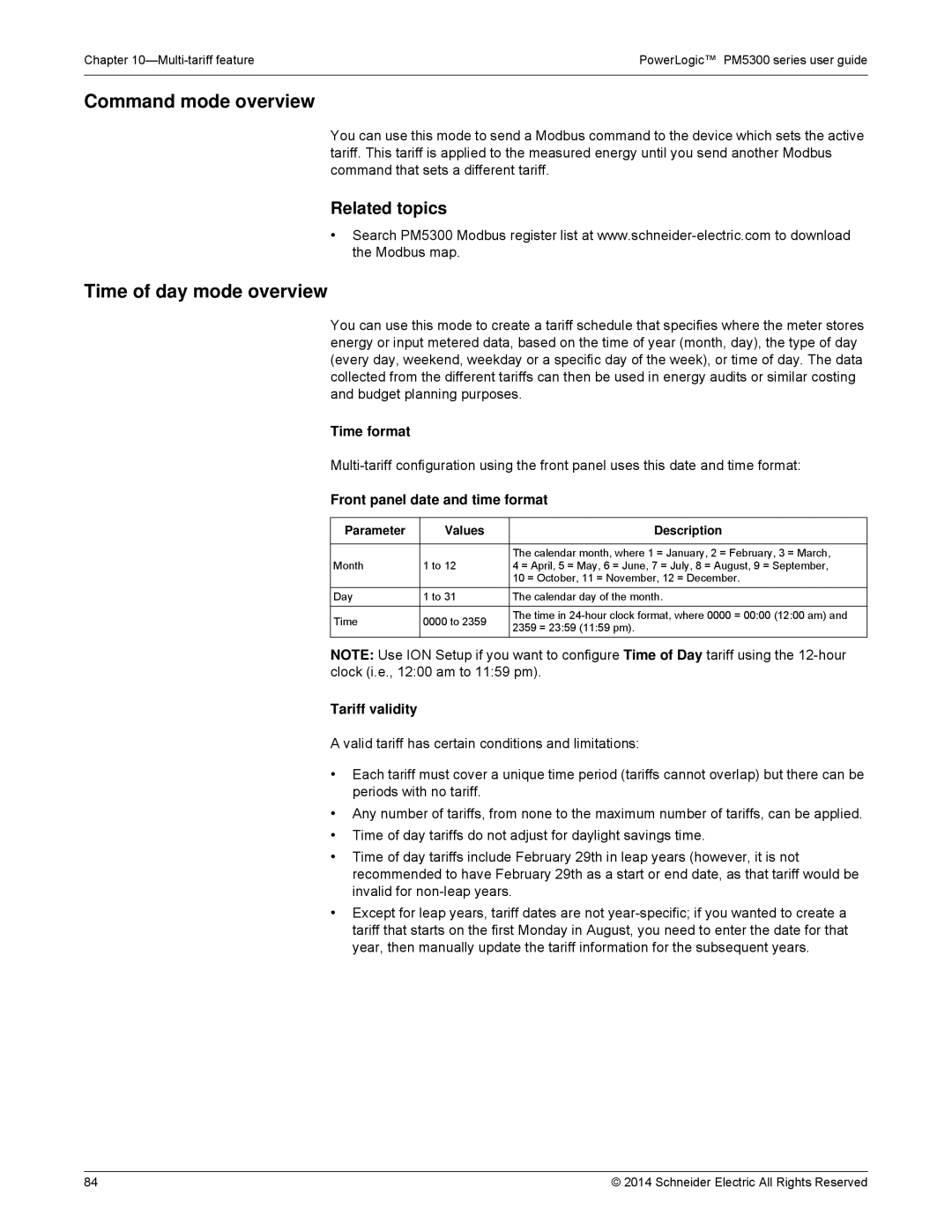 Schneider Electric PM5300 Command mode overview, Time of day mode overview, Time format, Front panel date and time format 