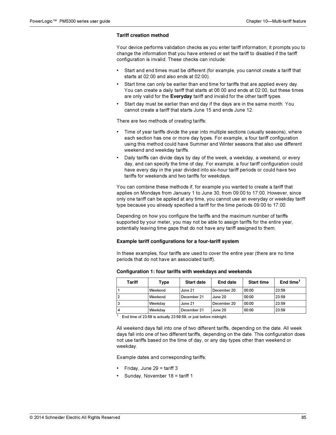 Schneider Electric PM5300 manual Tariff creation method, Example tariff configurations for a four-tariff system 