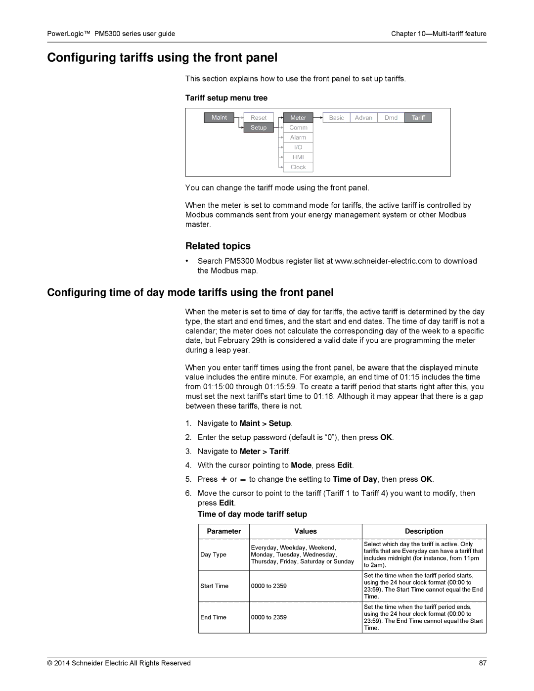 Schneider Electric PM5300 Configuring tariffs using the front panel, Tariff setup menu tree, Navigate to Meter Tariff 