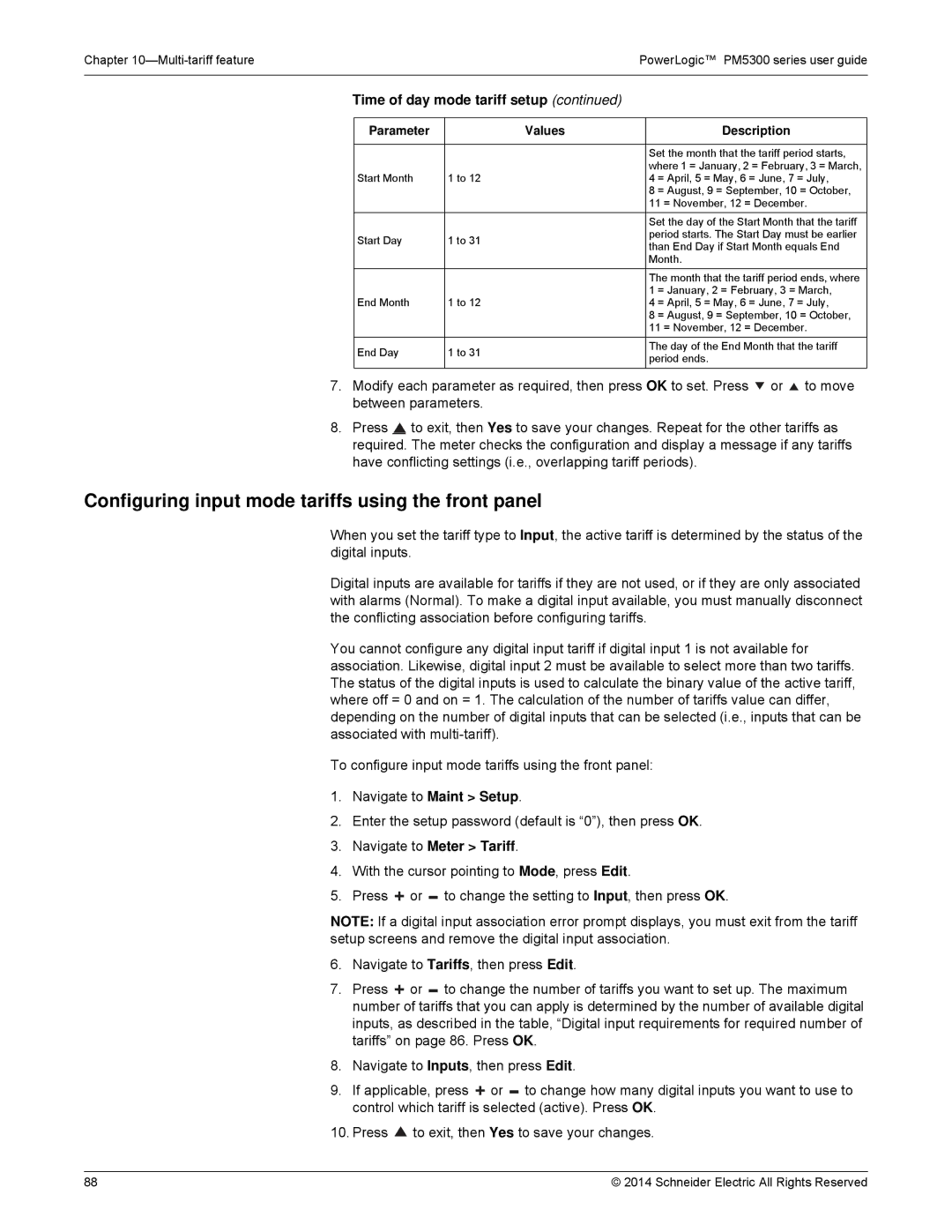 Schneider Electric PM5300 manual Configuring input mode tariffs using the front panel 