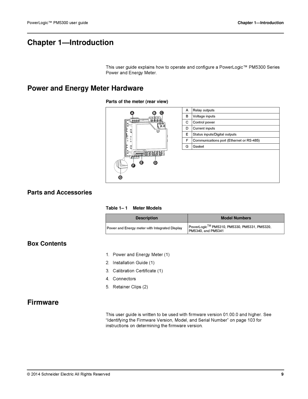 Schneider Electric PM5300 Introduction, Power and Energy Meter Hardware, Firmware, Parts and Accessories, Box Contents 