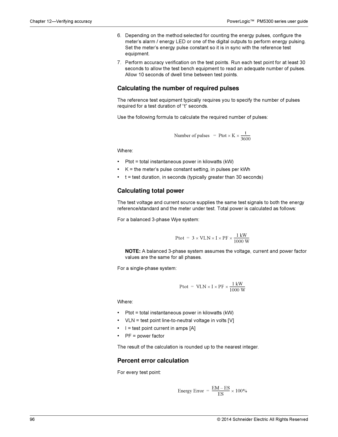 Schneider Electric PM5300 Calculating the number of required pulses, Calculating total power, Percent error calculation 