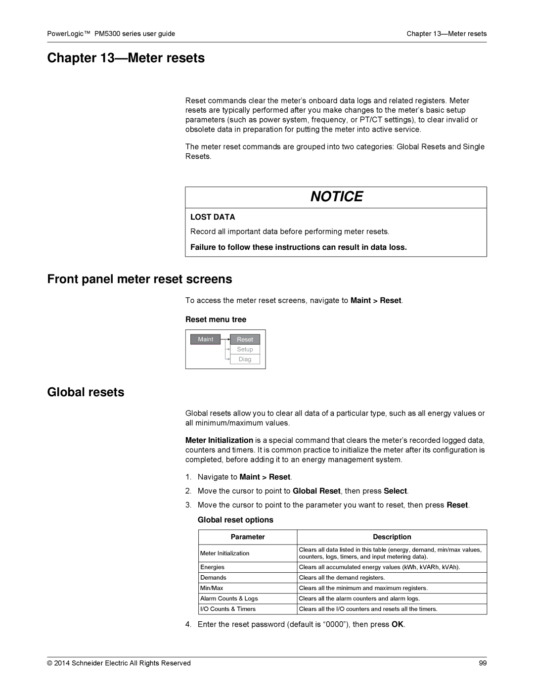 Schneider Electric PM5300 manual Meter resets, Front panel meter reset screens, Global resets, Reset menu tree 