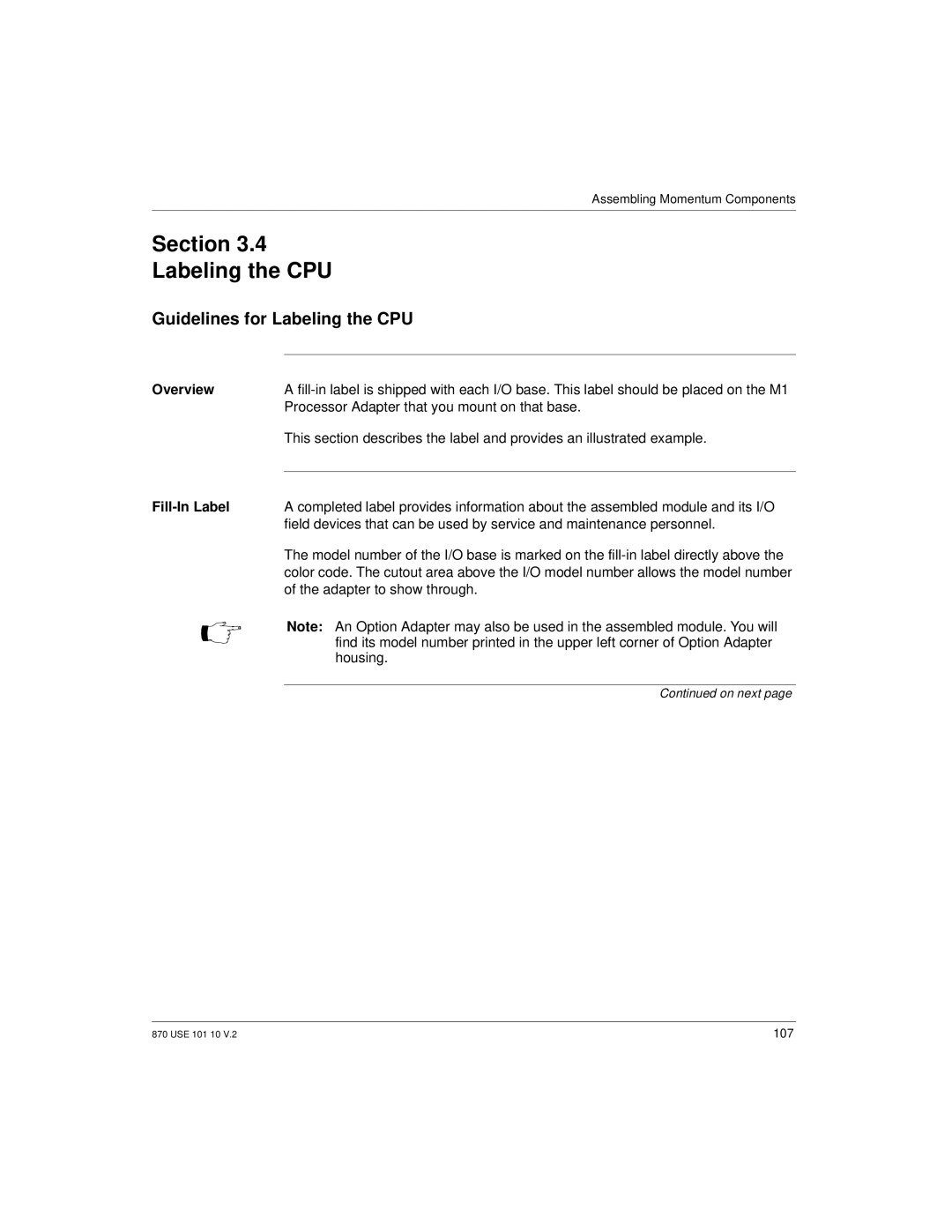 Schneider Electric Processor Adapter manual Section Labeling the CPU, Guidelines for Labeling the CPU, Fill-In Label 