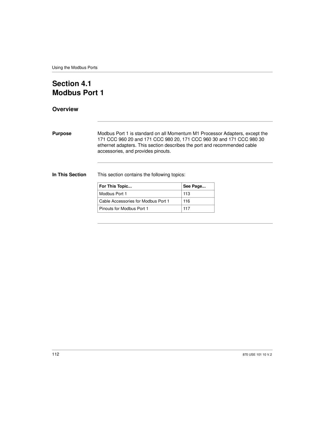 Schneider Electric Processor Adapter manual Section Modbus Port, Accessories, and provides pinouts 