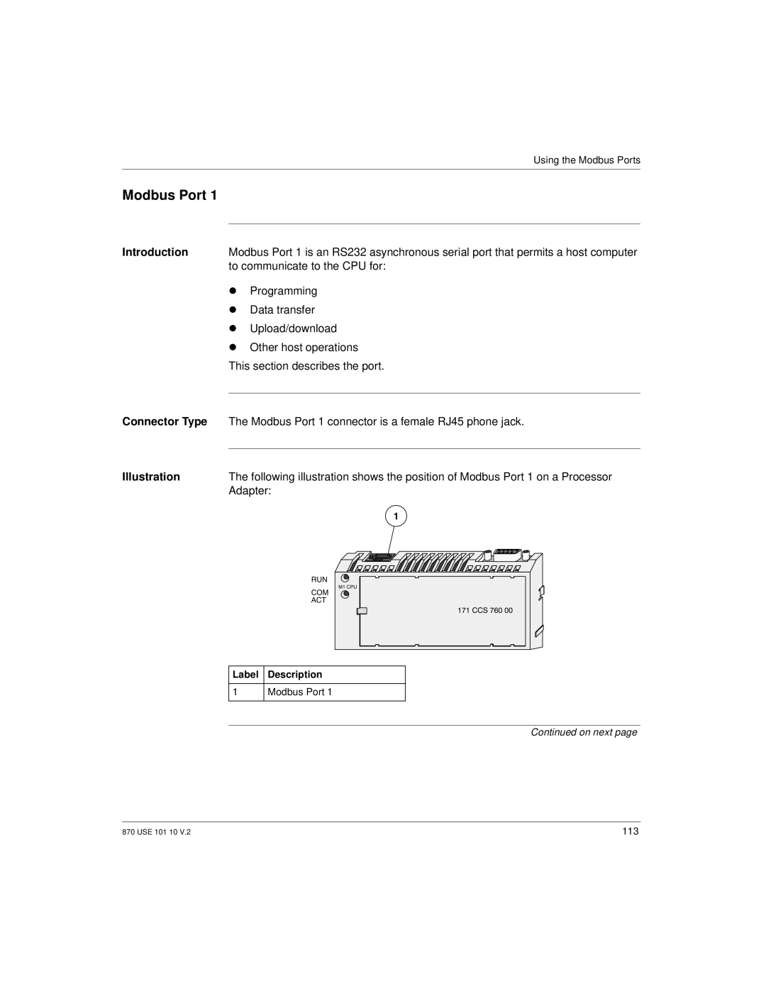 Schneider Electric Processor Adapter manual Modbus Port, Connector Type 