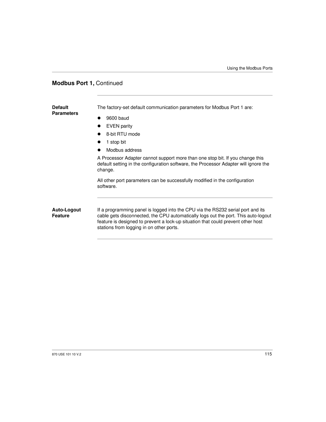 Schneider Electric Processor Adapter manual Default, Parameters, Auto-Logout, Feature 