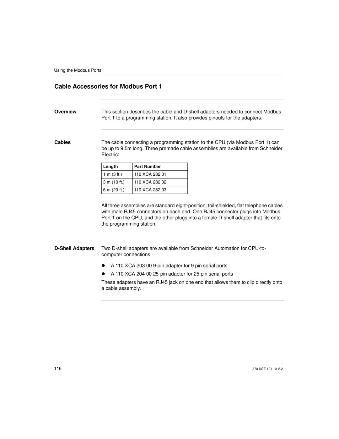 Schneider Electric Processor Adapter manual Cable Accessories for Modbus Port, Cables, Electric, Length Part Number 