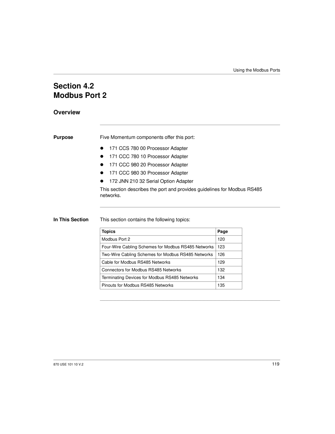 Schneider Electric Processor Adapter manual Section Modbus Port, Topics 