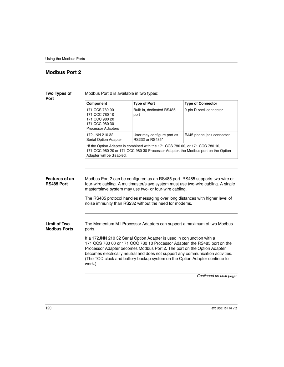 Schneider Electric Processor Adapter manual Two Types, Features of an, RS485 Port, Limit of Two, Modbus Ports 