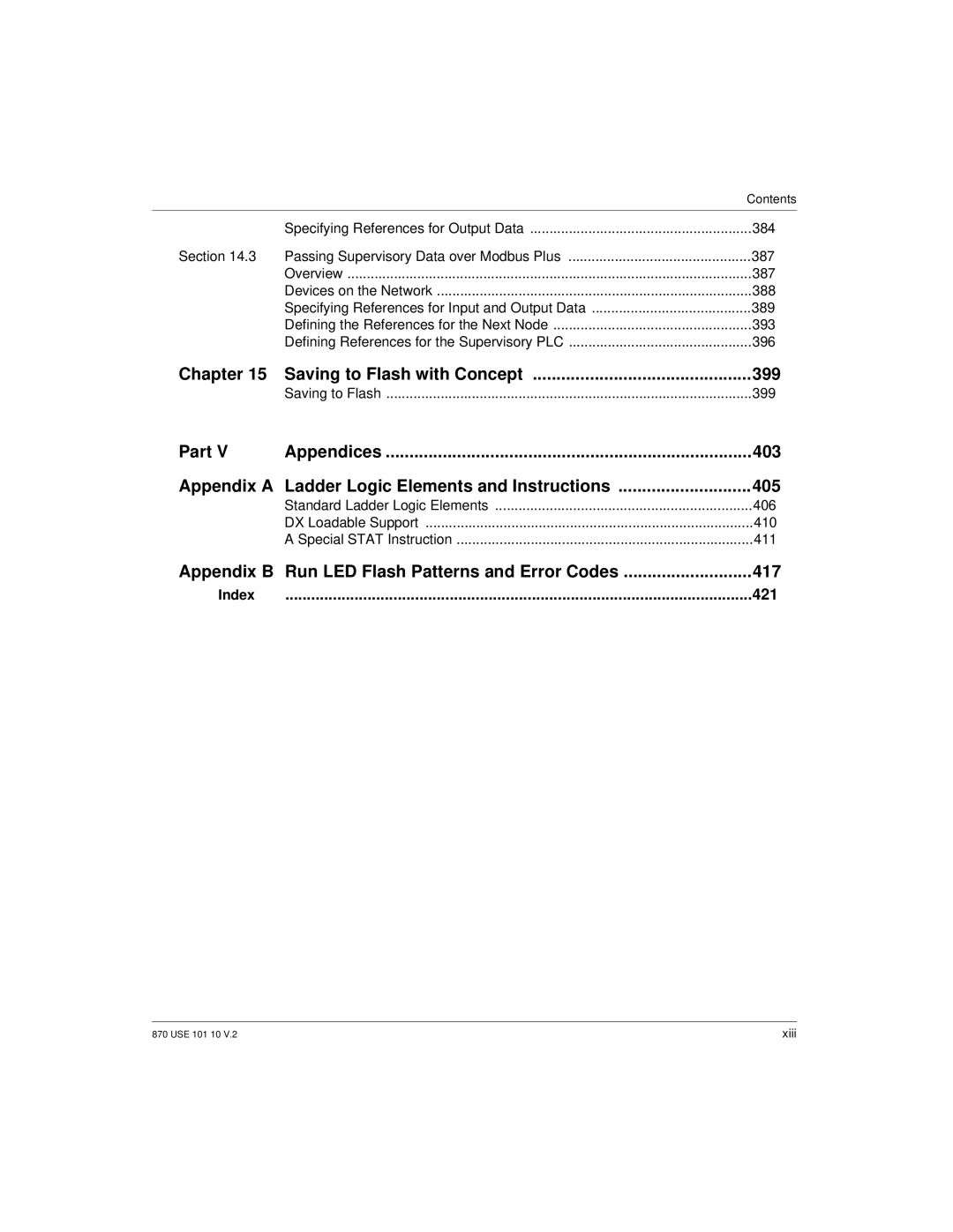 Schneider Electric Processor Adapter manual Saving to Flash with Concept 399, Appendix B, 417, Saving to Flash 399, Index 