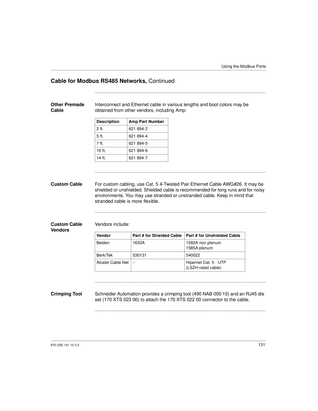 Schneider Electric Processor Adapter manual Other Premade, Custom Cable, Vendors, Crimping Tool 