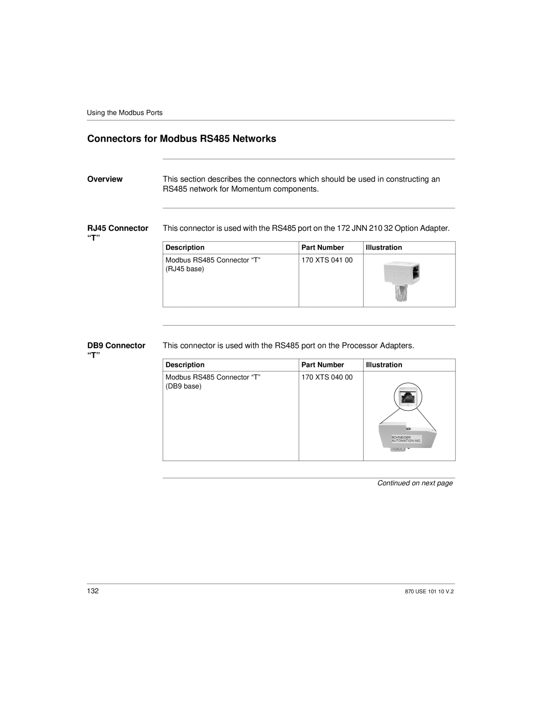 Schneider Electric Processor Adapter manual Connectors for Modbus RS485 Networks, RS485 network for Momentum components 