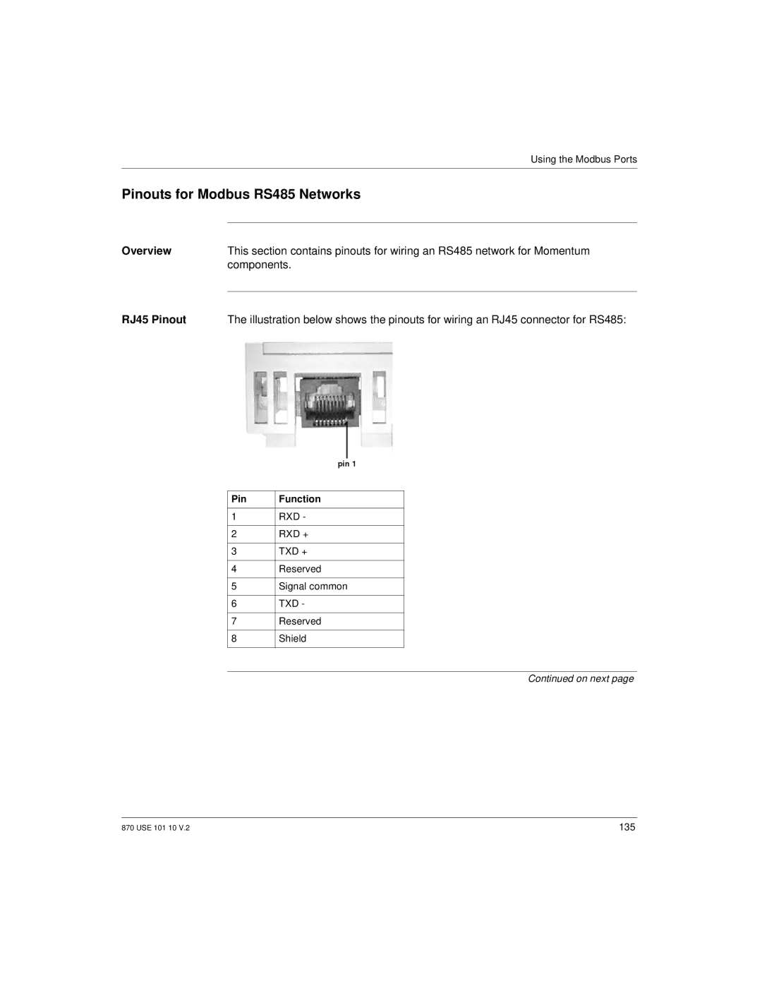 Schneider Electric Processor Adapter manual Pinouts for Modbus RS485 Networks, Pin Function 