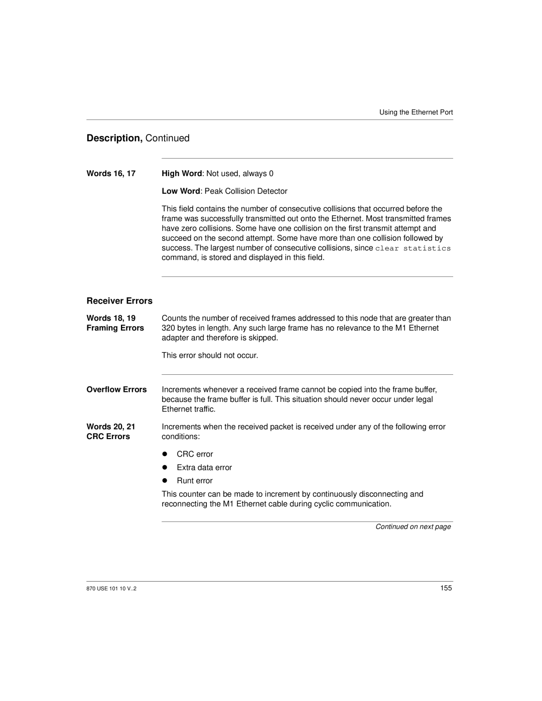 Schneider Electric Processor Adapter Words 16, 17 High Word Not used, always, Words 18, Framing Errors, Overflow Errors 