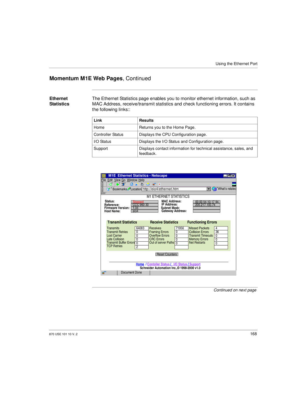 Schneider Electric Processor Adapter Ethernet, Following links, Transmit Statistics Receive Statistics Functioning Errors 