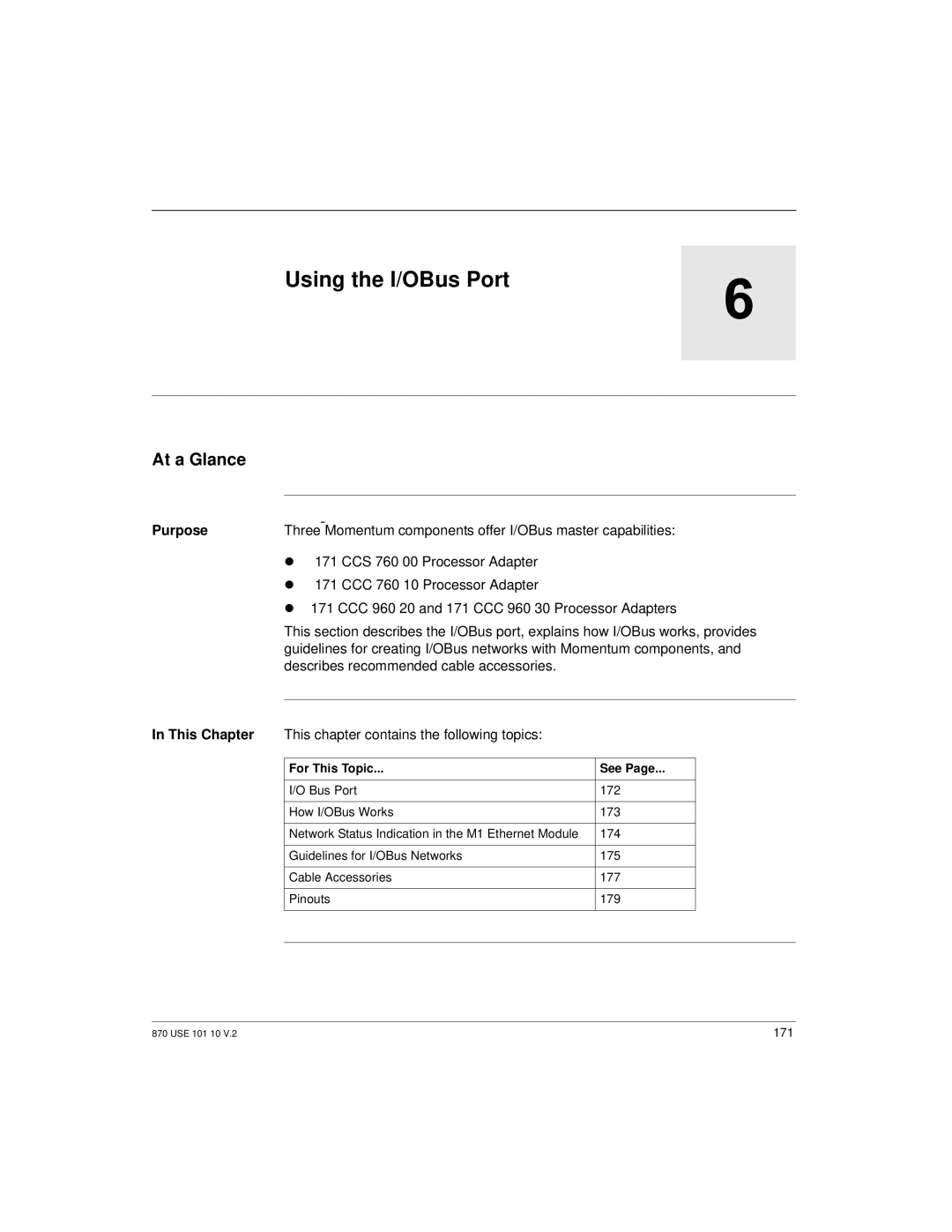 Schneider Electric Processor Adapter manual Using the I/OBus Port, This chapter contains the following topics 