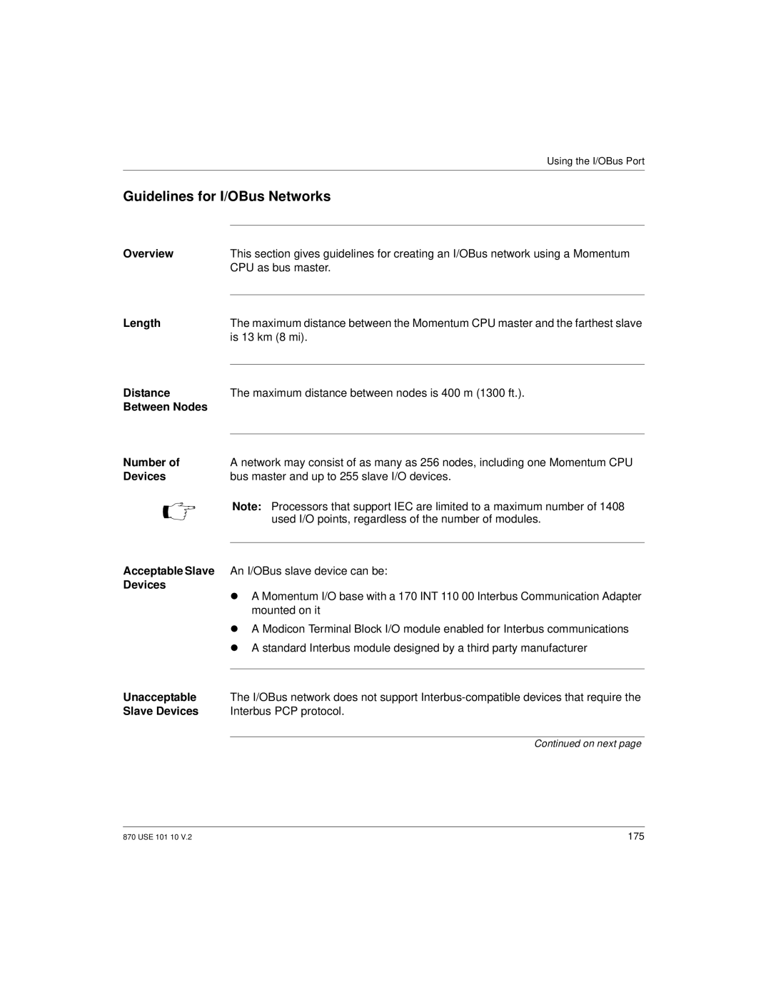 Schneider Electric Processor Adapter manual Guidelines for I/OBus Networks, Distance, Between Nodes Number 